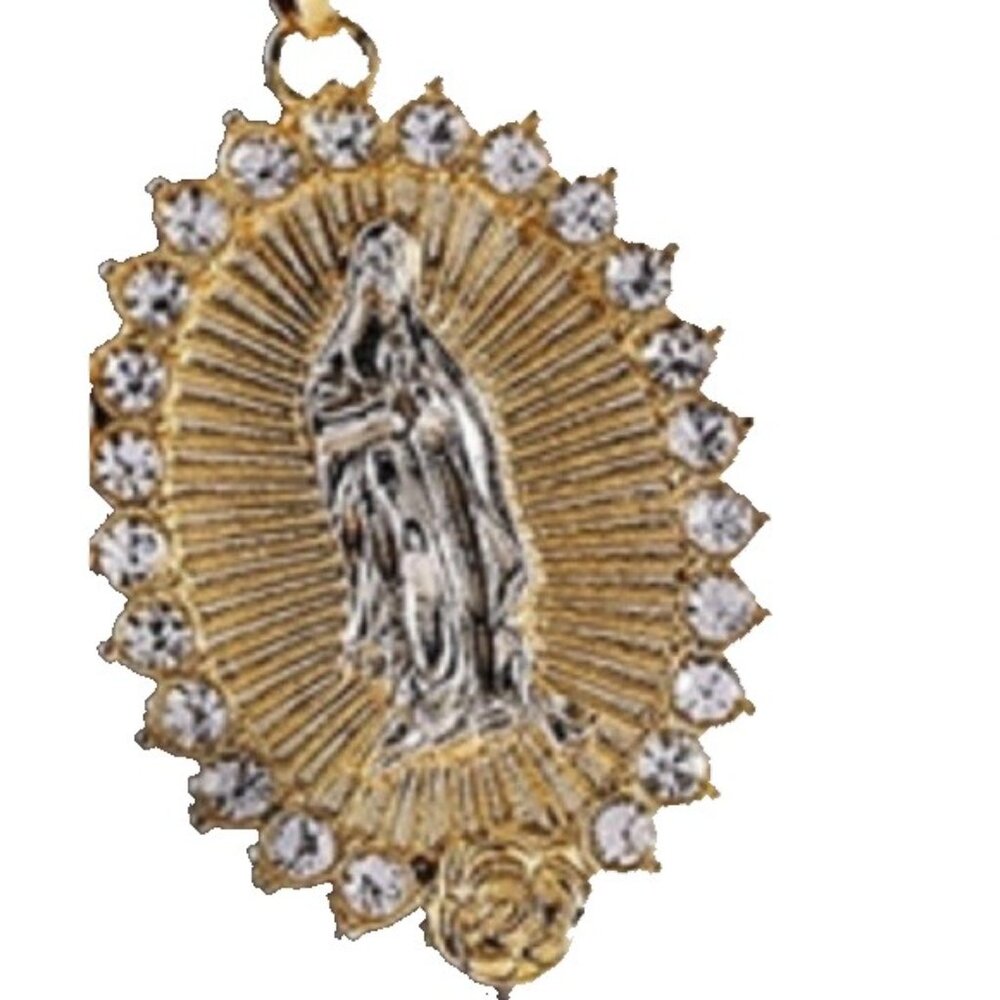 Two-Tone Gold & Silver Virgin Mary Medal Pendant with Crystal Halo